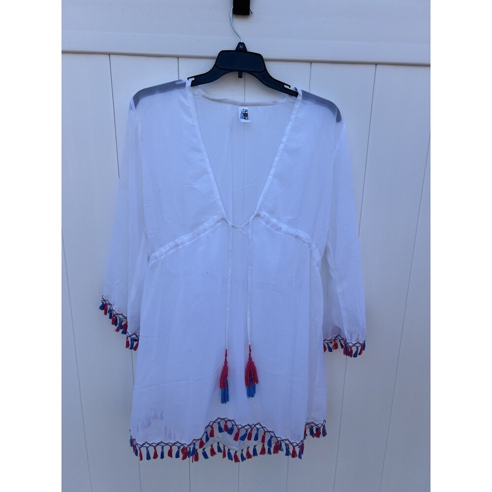 India Boutique Coverup Women's Free Size White Sheer Boho Fringe Tie Waist